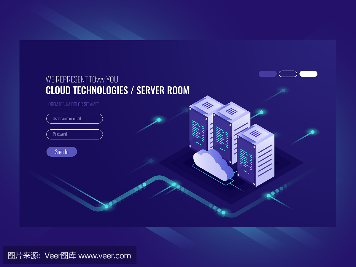 云數(shù)據(jù)中心、服務(wù)器室圖標(biāo)、信息請(qǐng)求處理、計(jì)算機(jī)技術(shù)、等距矢量紫外